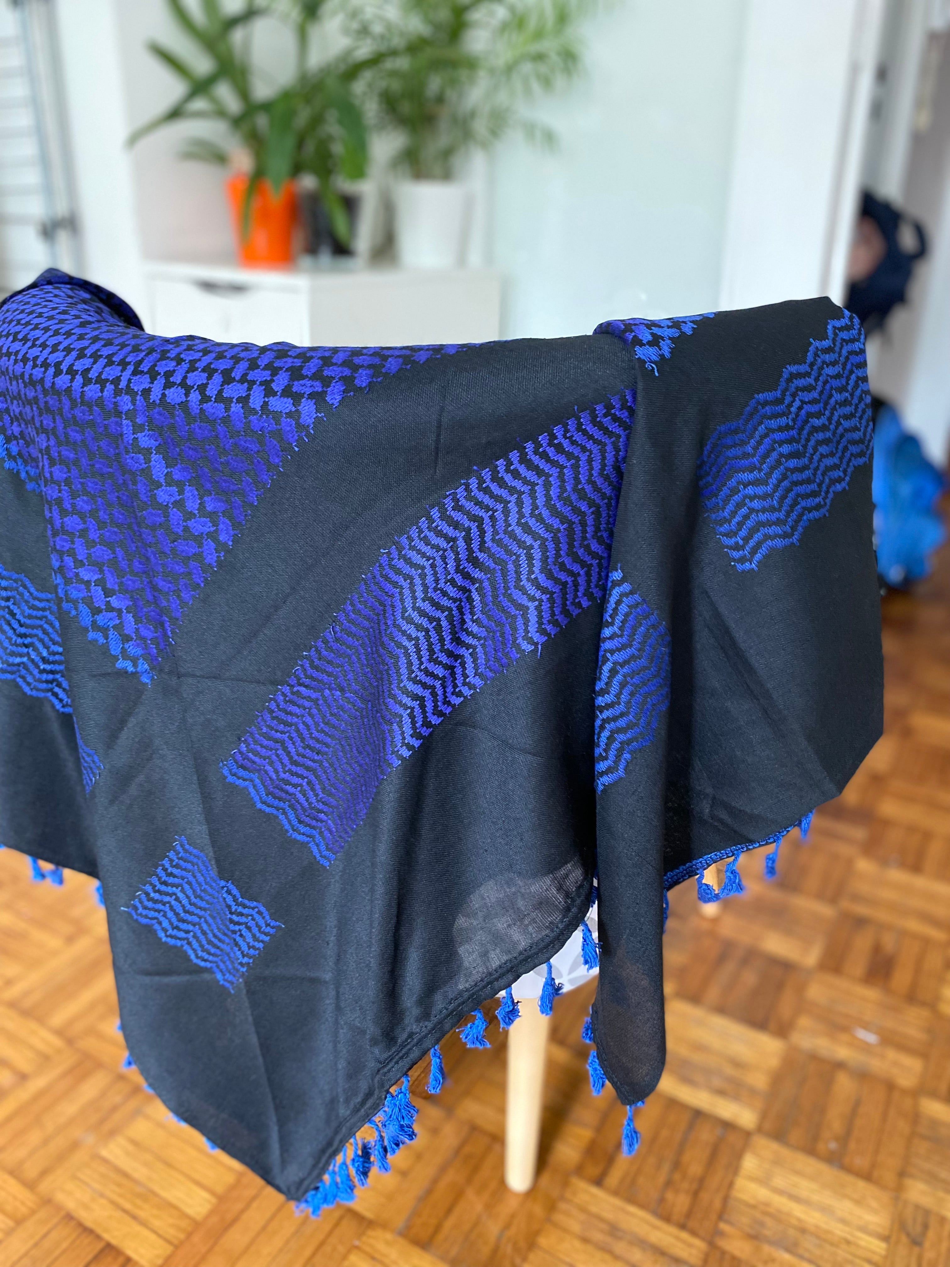 Kiffieh Palestinien authentique noir et bleu royal