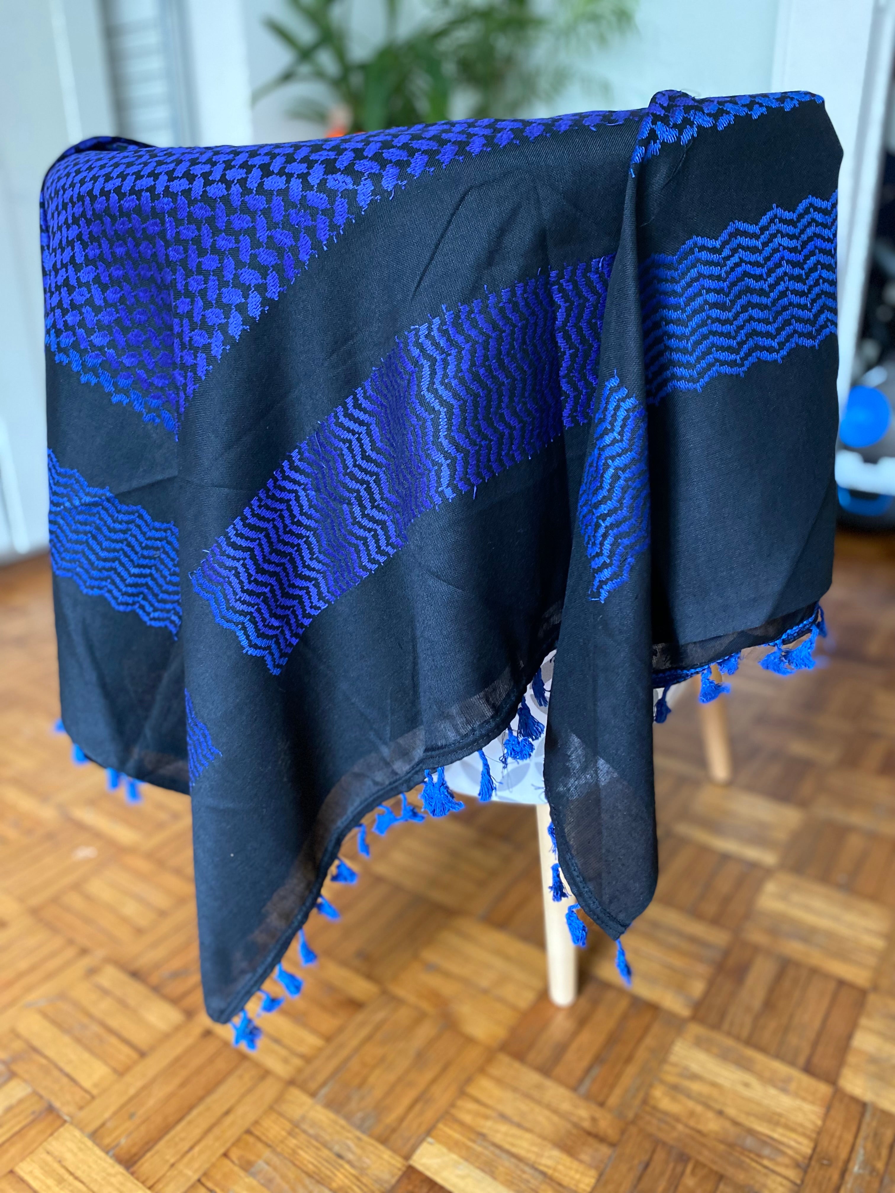 Kiffieh Palestinien authentique noir et bleu royal