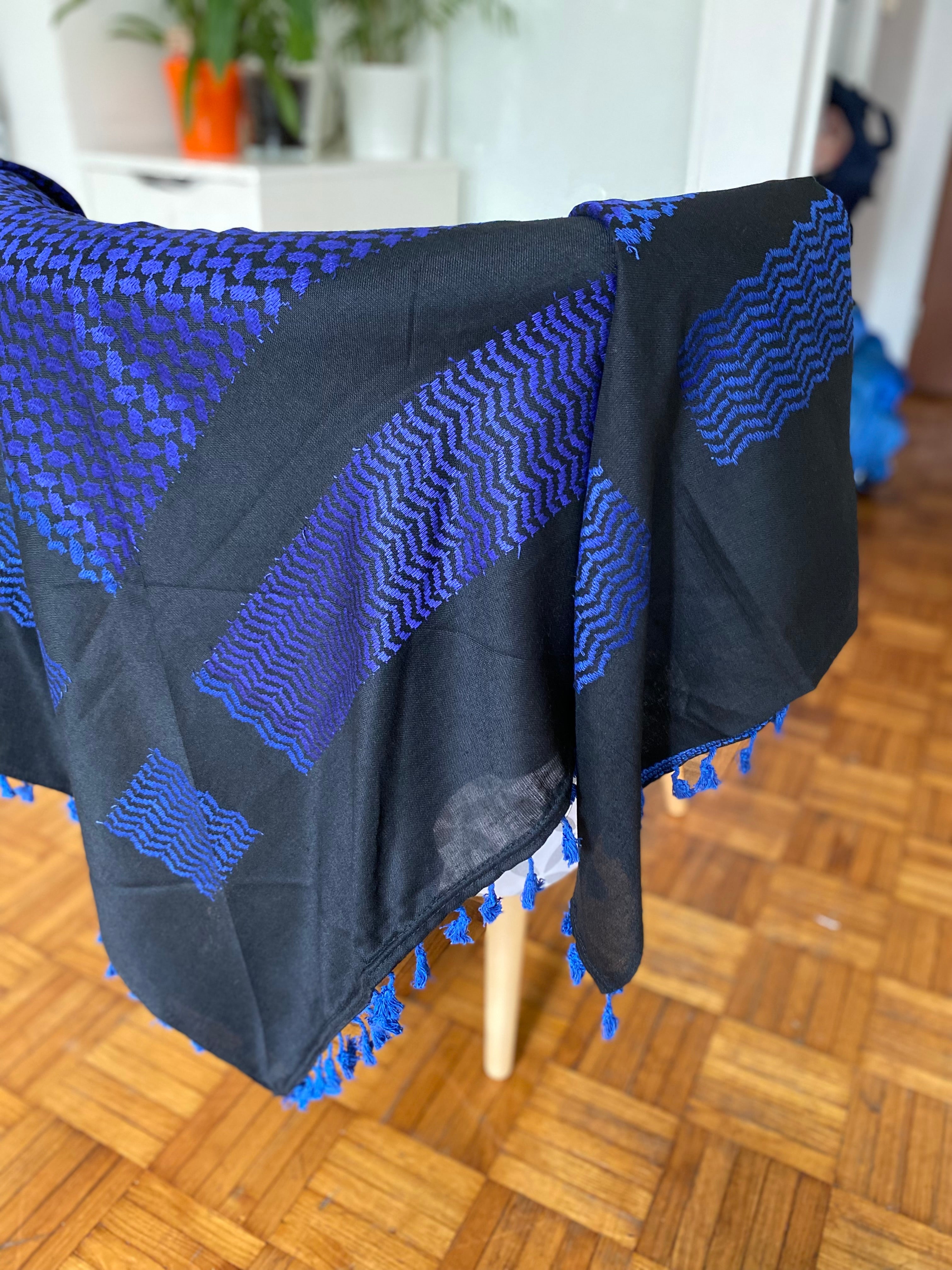 Kiffieh Palestinien authentique noir et bleu royal